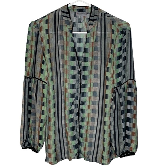 Anthropologie Lightweight Green Multi Color Checkered Long Sleeve Blouse - Picture 2 of 10
